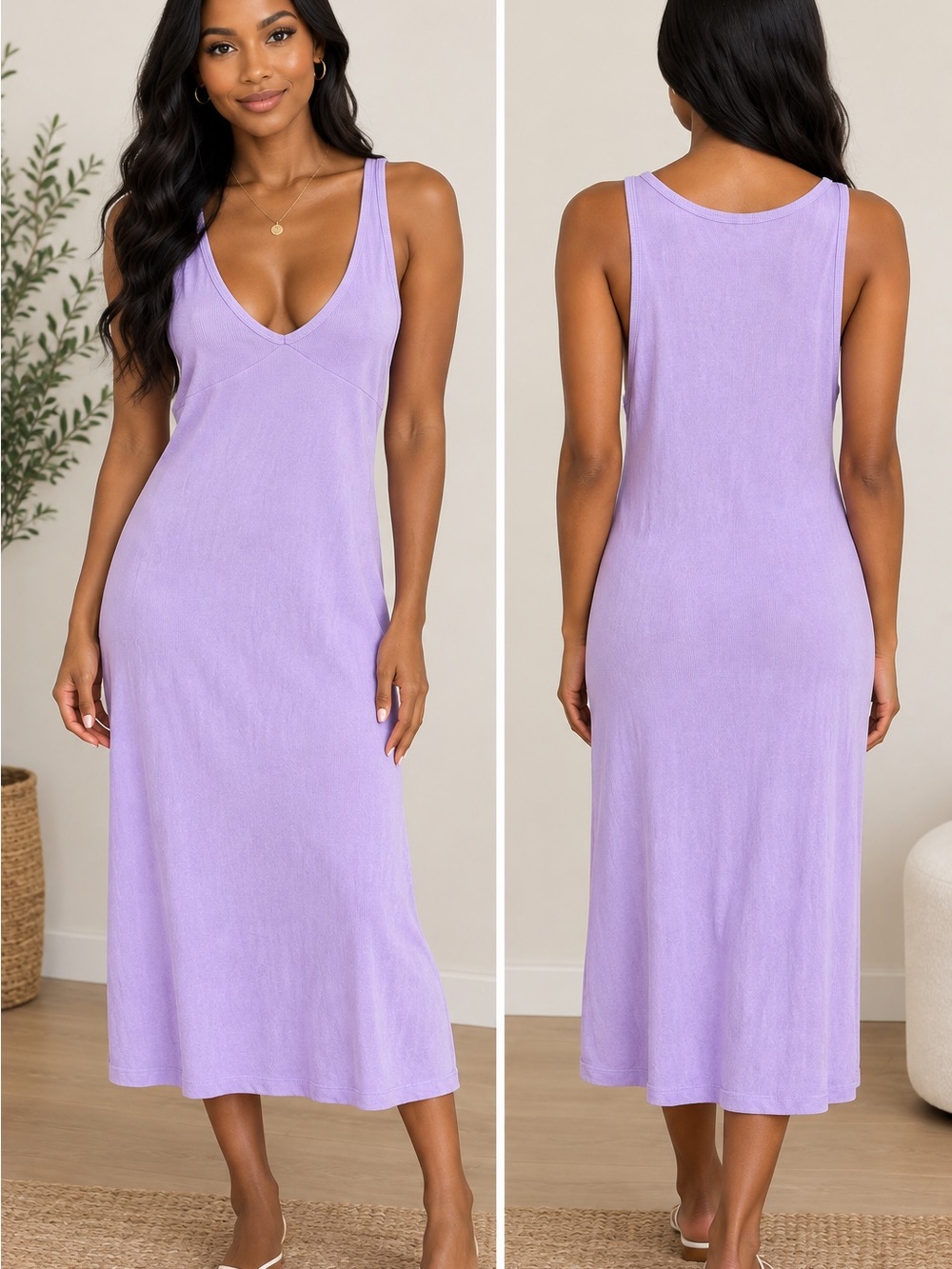 Aritzia Wilfred Free Lilac V-Neck Midi Ribbed Tank Dress